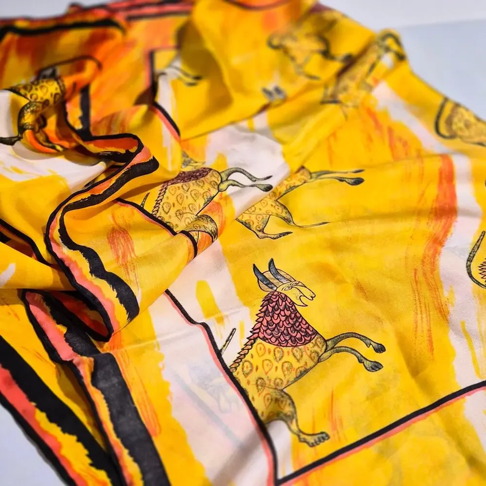Vintage Mythical Gazelle Chimera Silk Square Scarf 31x31 Yellow Sun‎